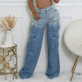 Gradient Multi-pockets Wide-Leg Jeans SH-391357