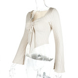 V Neck Drawstring Flare Sleeve Short Tops GZJF-2582