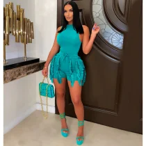 Solid Color Sleeveless Tassel Two Piece Shorts Set MDF-5330