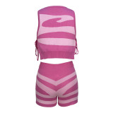 Sripe Sleeveless Tie Up Vest Shorts Suit MDF-5376