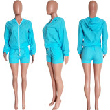 Solid Color Long Sleeve Coat Two Piece Shorts Set HMS-5491