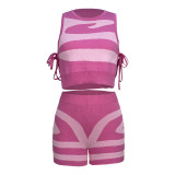 Sripe Sleeveless Tie Up Vest Shorts Suit MDF-5376