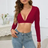 V Neck Long Sleeve Crop Top YMYF-9318