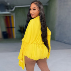 Solid Color Ruffles Lantern Sleeve Short Suit MDF-ZL5553