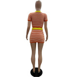 Stripe Knits Hollow Out Two Piece Skirts Set QXTF-83023
