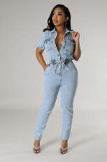 Fashion Washed Drawstring Tie Up Denim Jumpsuit LX-3560