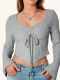 V Neck Drawstring Flare Sleeve Short Tops GZJF-2582