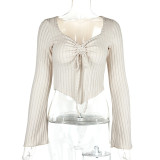 V Neck Drawstring Flare Sleeve Short Tops GZJF-2582