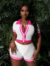 Contrast Color Short Sleeve Knits Two Piece Shorts Set QXTF-83038