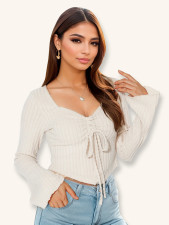 V Neck Drawstring Flare Sleeve Short Tops GZJF-2582