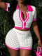 Contrast Color Short Sleeve Knits Two Piece Shorts Set QXTF-83038