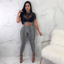 Mesh Print Short Sleeve Two Piece Pants Set HMS-5155