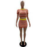 Stripe Knits Hollow Out Two Piece Skirts Set QXTF-83023