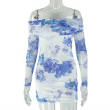 Print Long Sleeve Off Shoulder Mini Dress GJYO-303633