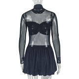 Solid Color Mesh Patchwork Mini Dress GJYO-303657