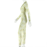 V Neck Print Ruched Slim Jumpsuit GJYO-006293