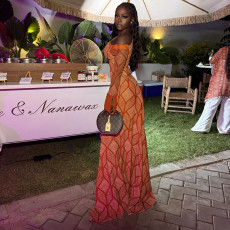 Single Shoulder Long Sleeve Print Maxi Dress GJYO-303709