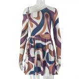 Off Shoulder Print Long Sleeve Mini Dress GJYO-303610