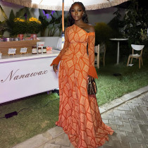 Single Shoulder Long Sleeve Print Maxi Dress GJYO-303709