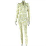 V Neck Print Ruched Slim Jumpsuit GJYO-006293