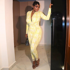 V Neck Print Ruched Slim Jumpsuit GJYO-006293