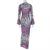 Print Hollow Out Flare Sleeve Maxi Dress GJYO-303678