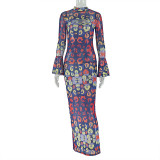 Print Hollow Out Flare Sleeve Maxi Dress GJYO-303678