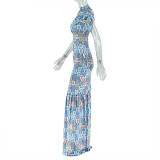 Short Sleeve Print Split Maxi Dress GJYO-303625