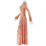 Single Shoulder Long Sleeve Print Maxi Dress GJYO-303709
