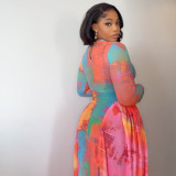 Long Sleeve Print Ruched Maxi Dress GJYO-303717
