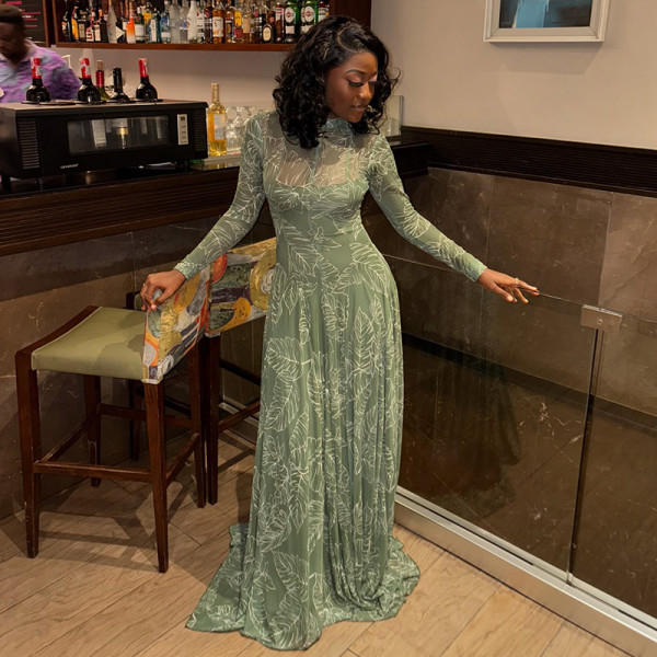 Long Sleeve Print Slim Maxi Dress GJYO-303661