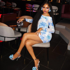 Print Long Sleeve Off Shoulder Mini Dress GJYO-303633