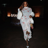 Print Long Sleeve Ruched Ruffles Maxi Dress GJYO-303710