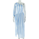 Stripe Single Shoulder Long Sleeve Long Dress GJYO-303626