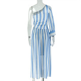 Stripe Single Shoulder Long Sleeve Long Dress GJYO-303626
