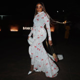 Print Long Sleeve Ruched Ruffles Maxi Dress GJYO-303710