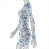 Long Sleeve Print Ruched Mini Dress GJYO-303609