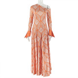 Single Shoulder Long Sleeve Print Maxi Dress GJYO-303709