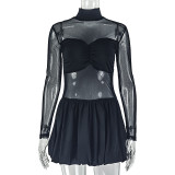 Solid Color Mesh Patchwork Mini Dress GJYO-303657