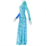 Long Sleeve Print Split Maxi Dress GJYO-303711