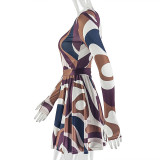 Off Shoulder Print Long Sleeve Mini Dress GJYO-303610