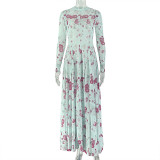 Ruched Print Long Sleeve Maxi Dress GJYO-303706