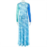 Long Sleeve Print Split Maxi Dress GJYO-303711