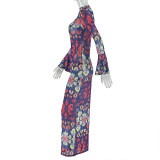 Print Hollow Out Flare Sleeve Maxi Dress GJYO-303678