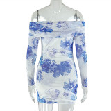 Print Long Sleeve Off Shoulder Mini Dress GJYO-303633