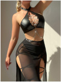 Hollow Out Cord-through Leather Halterneck Lingerie Set YQ-8250