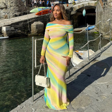 Print Off Shoulder Long Sleeve Maxi Dress GJYO-303655