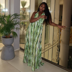 Halterneck Print Tie Up Backless Maxi Dress GJYO-303239