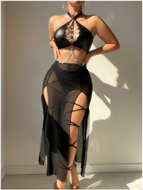 Hollow Out Cord-through Leather Halterneck Lingerie Set YQ-8250