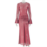 Ruched Polka Dot Print Long Sleeve Maxi Dress GJYO-303606